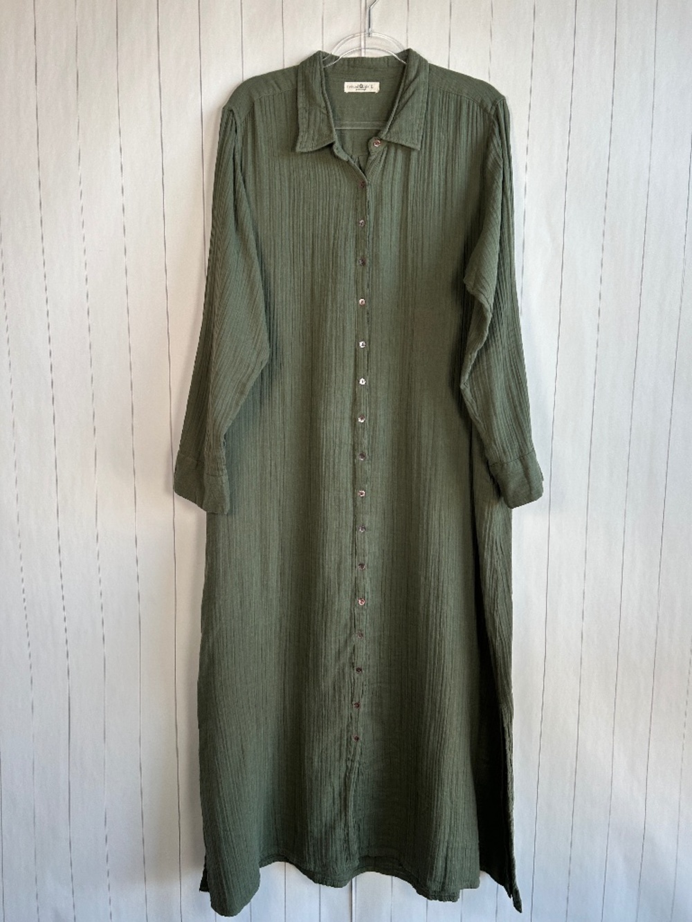 Natural Life size L maxi shirt dress green gauze 100% cotton long sleeve pockets